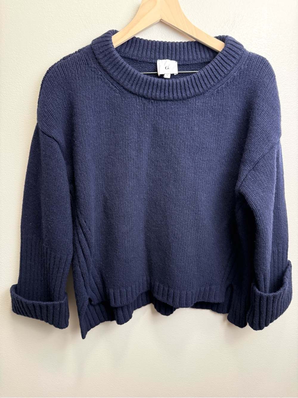 G. Label by Goop Navy Blue Crew Neck Sweater 100% Merino Wool Sz L